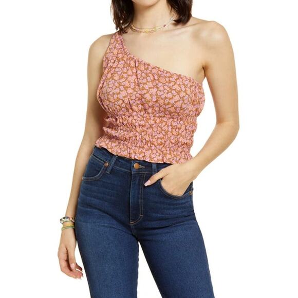 BP Nordstrom Womens One Shoulder Top 3X Tan Pink Allison Floral Lightweight NWT - Picture 1 of 7